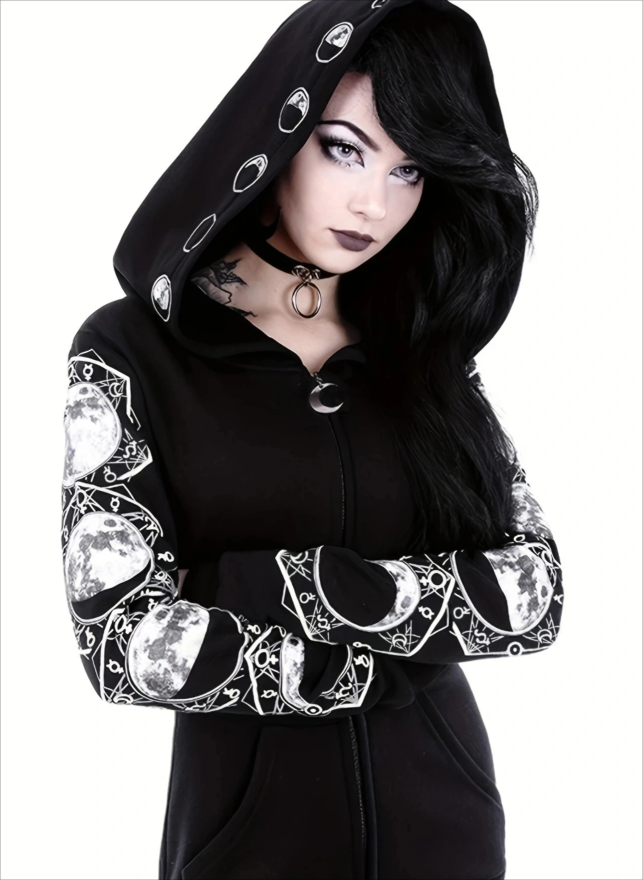 Y2K القوطية القمر الرمز البريدي هوديي المرأة كل موسم الجيب الأمامي مريح البوليستر مزيج نمط هندسي الشارع الشهير كم طويل