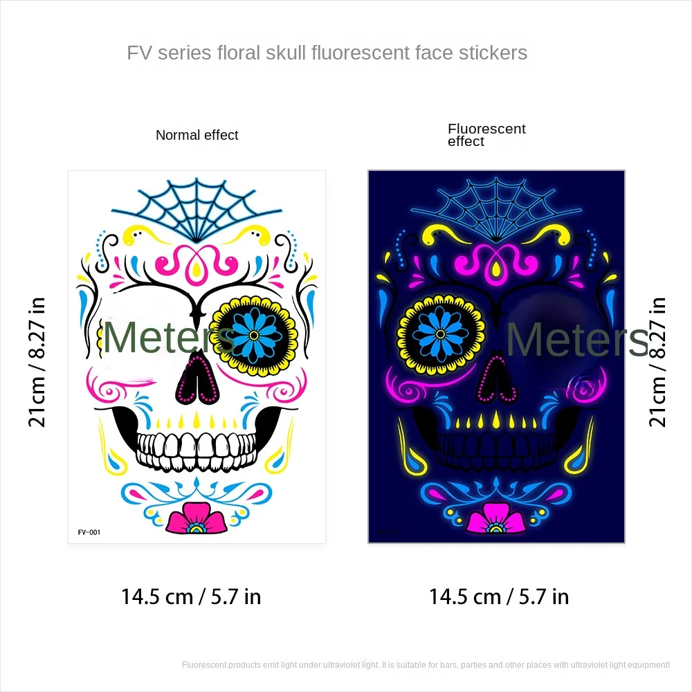 1/4/8PCS Waterproof Fluorescent Temporary Tattoo Neon Halloween Stickers Day of the Dead Party Festival Night Bar Face Stickers