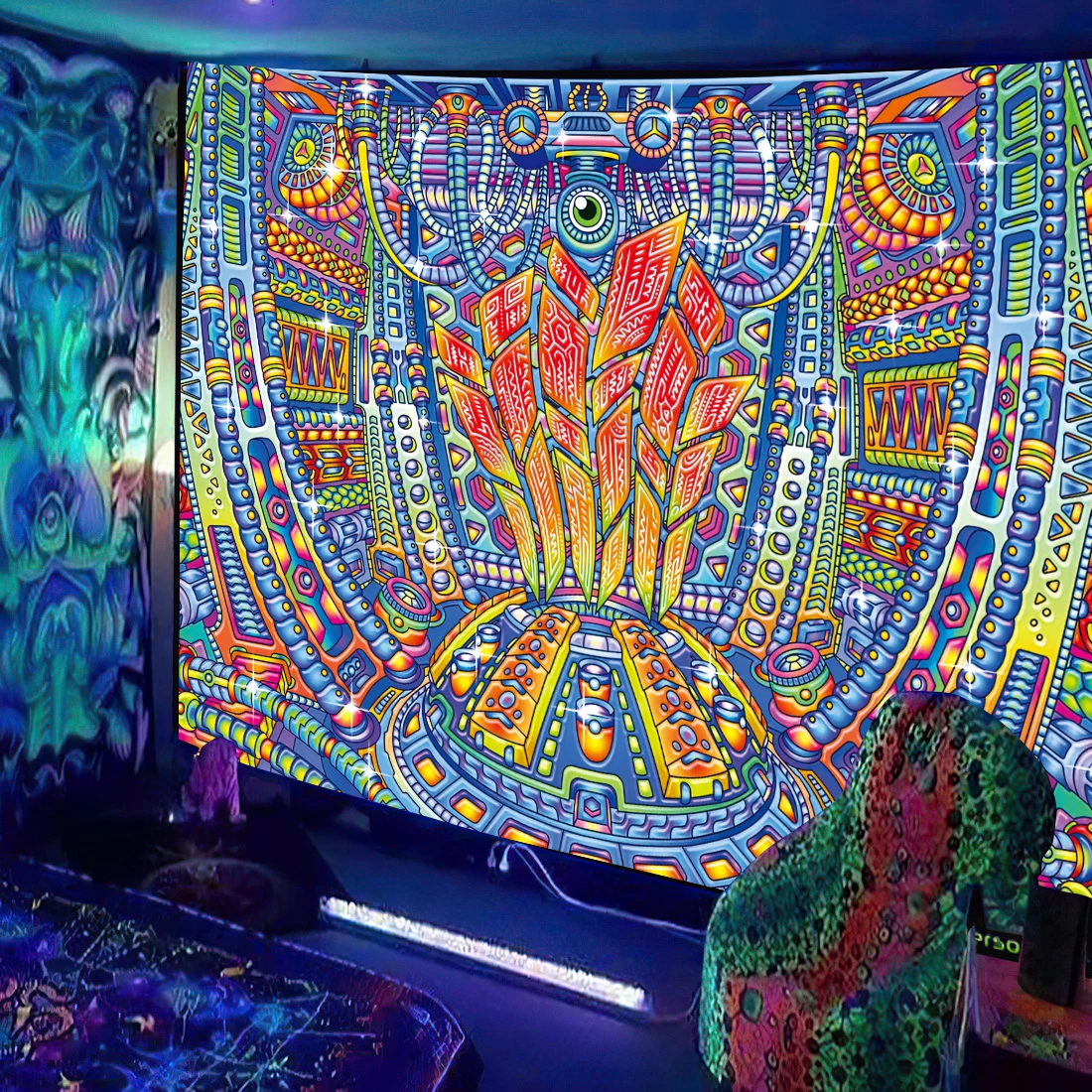 Schwarzlicht-Wandteppich, UV-reaktiv, psychedelischer Pilz, Fraktalkunst, Wandbehang, Schlafzimmer, Wohnheim, separate Raumdekoration, Wanddekoration