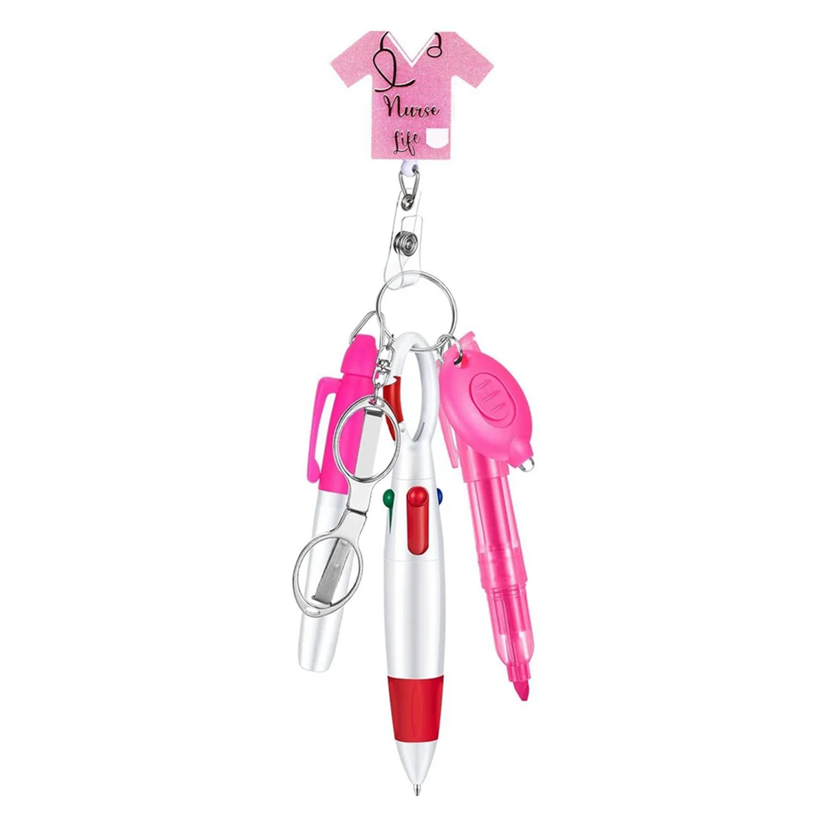 Portable Nurse Pen Set Carabiner Retractable Scroll Easy to Pull Out Ballpoint Pen Scissor Falshlight Torch Pink