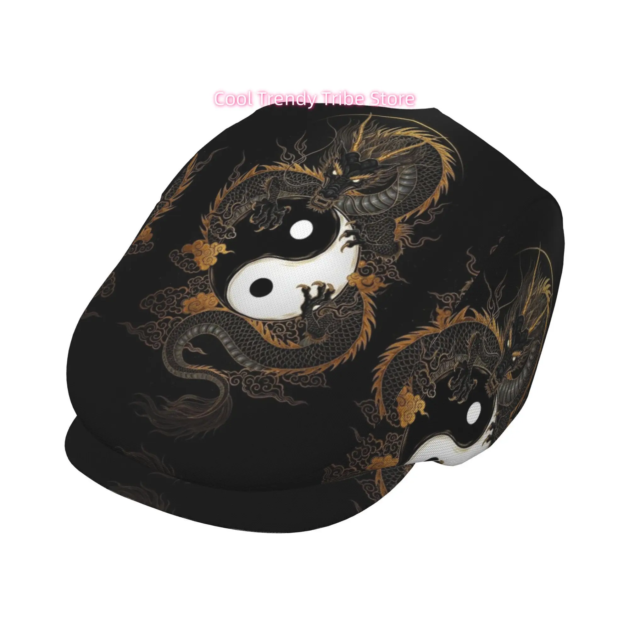 Flat-Top Hats Featuring a Black Golden Dragon Design on a Yin Yang Pattern, Suitable for Both Men And Women, Including Newsboy C