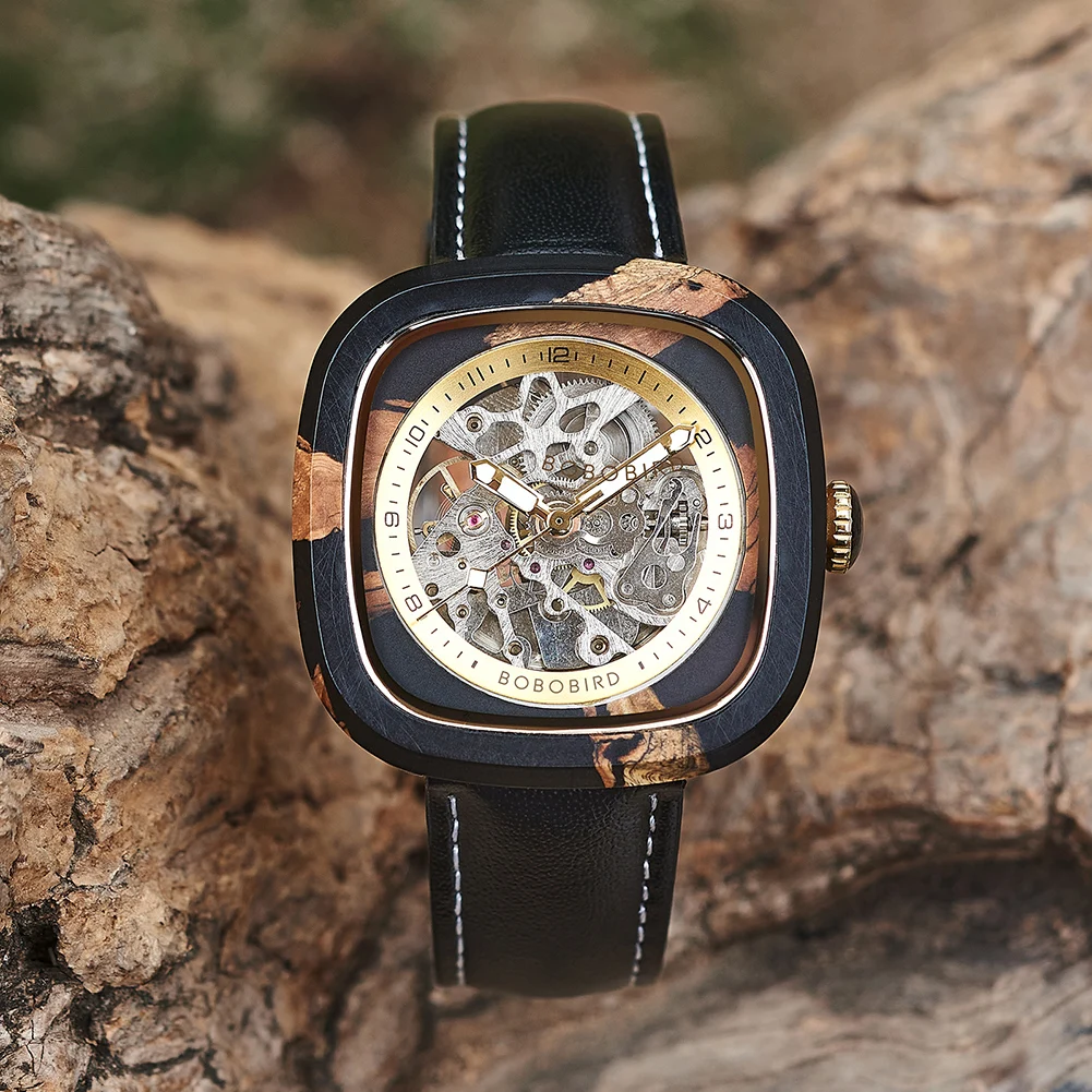 BOBO BIRD Reloj de pulsera con correa de cuero para hombre, accesorio masculino de pulsera con mecanismo automático, complemento mecánico de resina