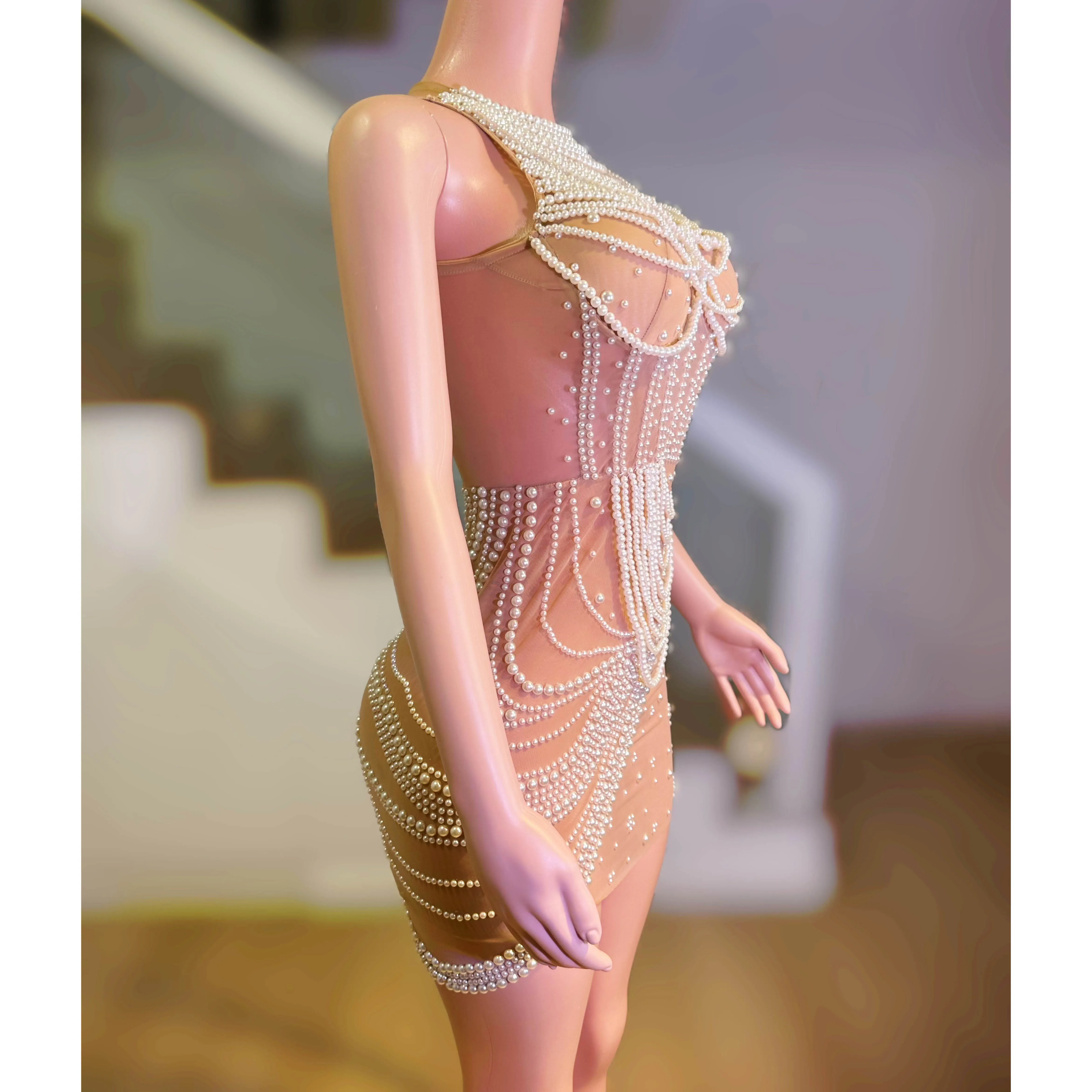 Sexy malha pérola corrente fino ajuste saia curta boate dj bar feminino cantor dança equipe festa tema mostrar desempenho vestido