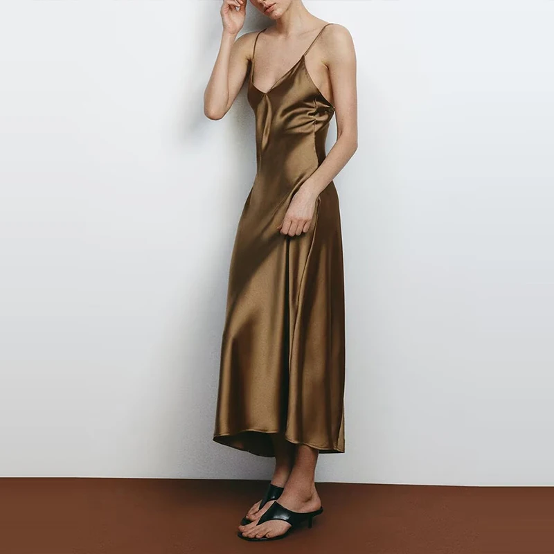 2025 Summer New Women's Faion Satin Nightgown Dr High Waist A-Line Long Skirt V-Ne Svel Polyester Blend Gown