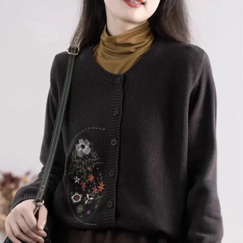 Women Vintage Floral Embroidery Simple Chic Single Breasted Knitted Cardigan Female Casual O Neck Long Sleeve Loose Sweater Coat