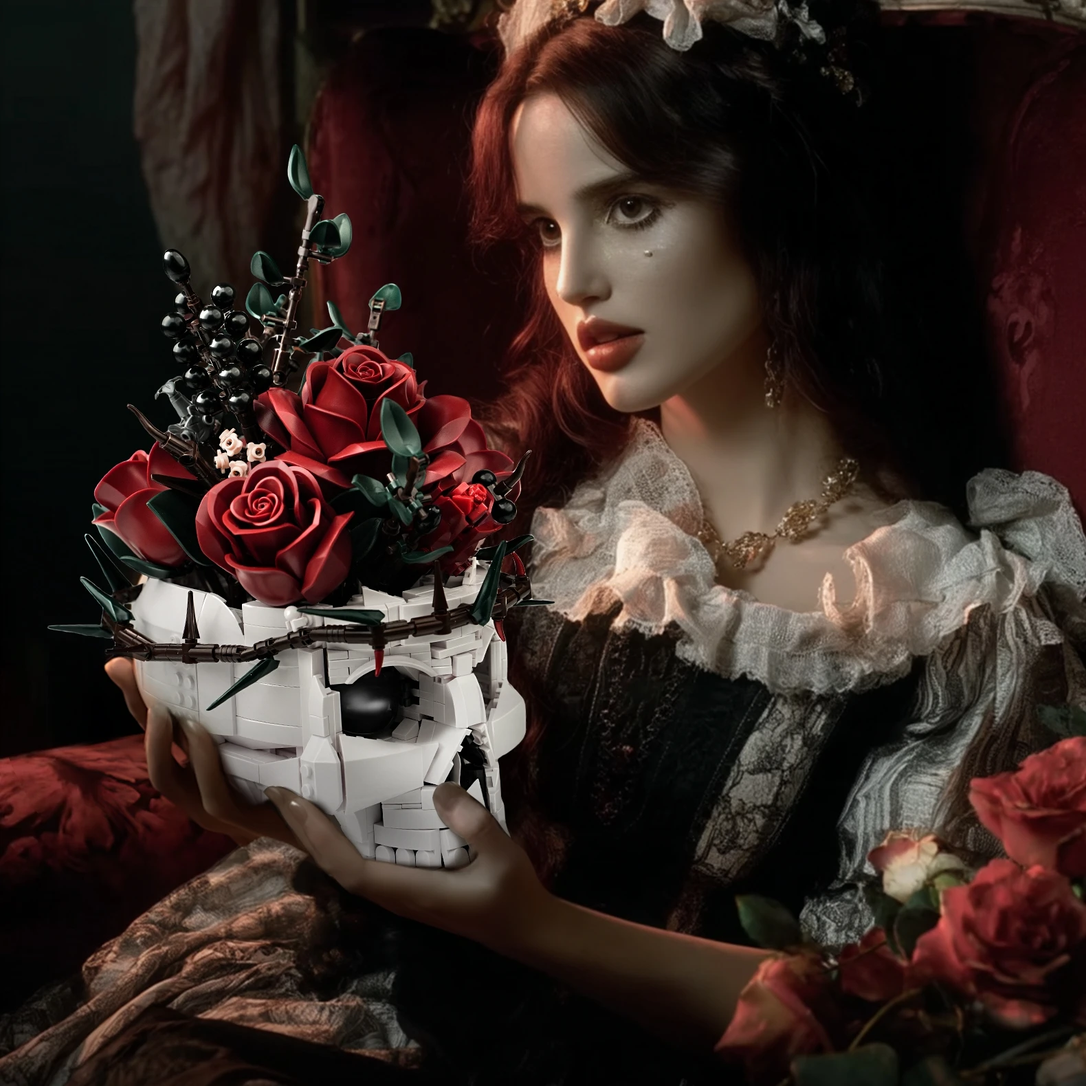 

Skeleton Roses Skull Flowers Block Gothic Horror Bouquet Building Set Construction Toy Dark Home Decor Valentines Day Gift Adult