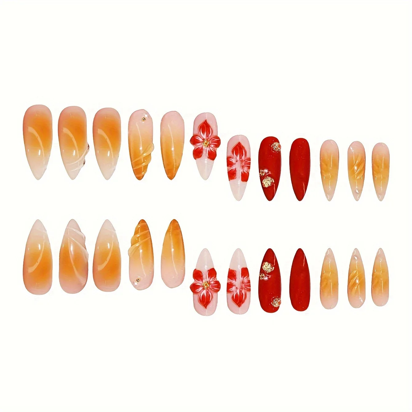 24pcs Gradient Orange False Nails Hand-paint Red Flower Gold Diamond Decor Press On Nail Wearable Almond Fake Nails For Hot Girl