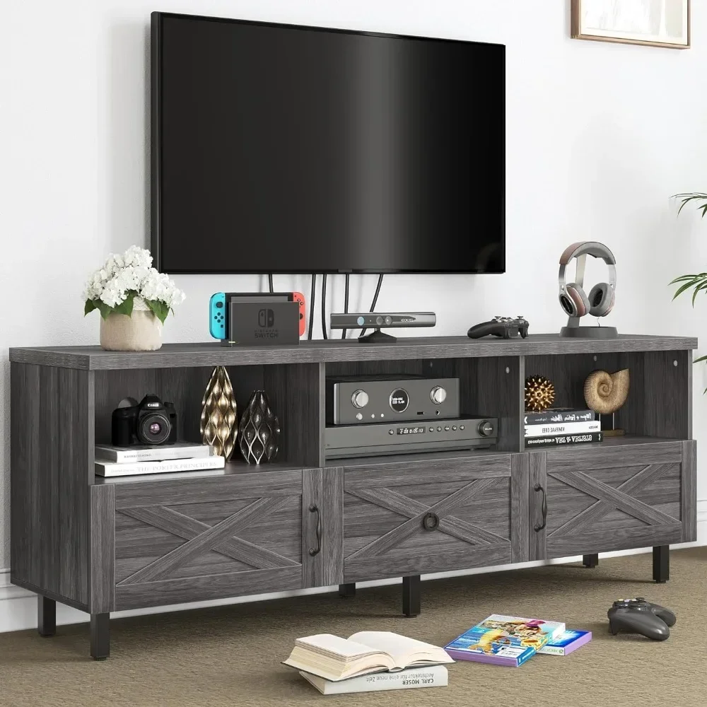 

TV Stand for 70/65/60/55 inch, Boho Wood TV Table Farmhouse Media Console with Storage Cabinet and Open Shelves