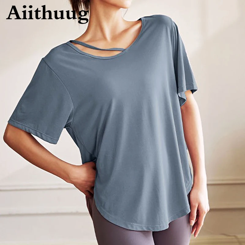 Aiithuug U-Neck Curve Hem Yoga Tops Women\'s Short Sleeves Breathable Tee Lightweight Loose Moisture Wicking Pilates Gym Cover-up