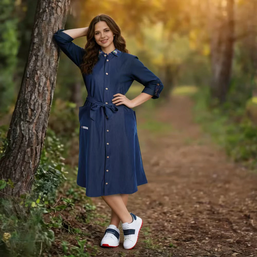 Summer Dress Woven Fabric Front Buttons Opening with Big Pockets Square Collar Lady Dress Embroidery Flowers Waist Belt
