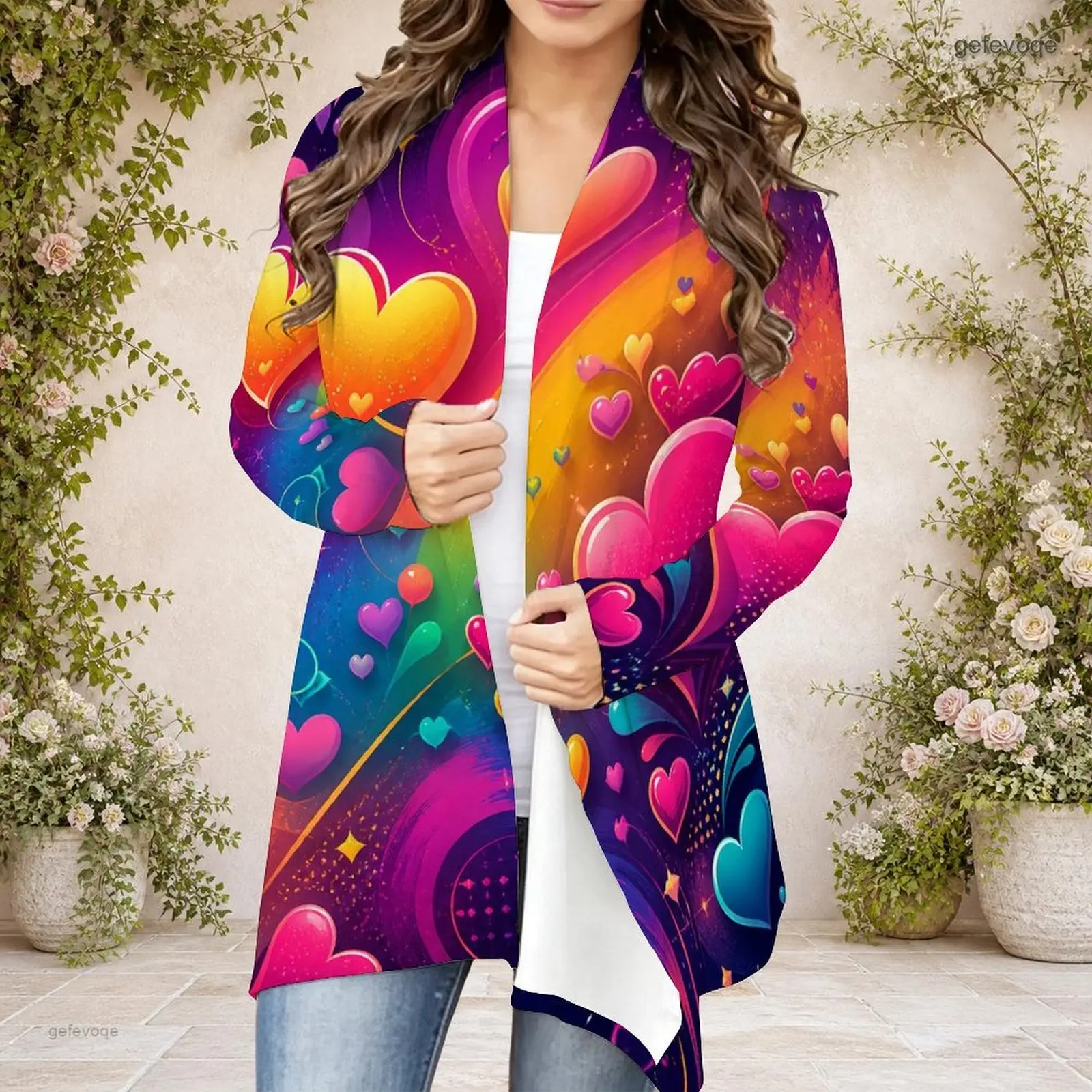 Women Long Sleeve Open Front Draped Collar Curved Hem Printed Cardigan