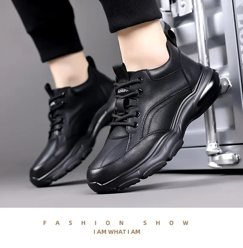 2024 New Designer Black Platform Sneakers for Men Fashion Casual Spring Autumn Soft Sole Cow Leather Shoes Man Zapatos De Hombre