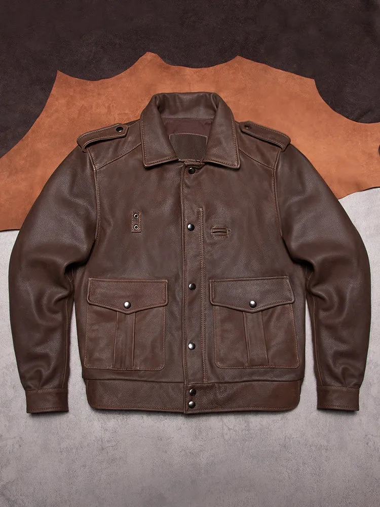 Vintage American Style Male Slim Fit Zipper Cowhide Genuine Leather Jacket Lapel Collar Coat Motorcycle Biker Windproof Jacket