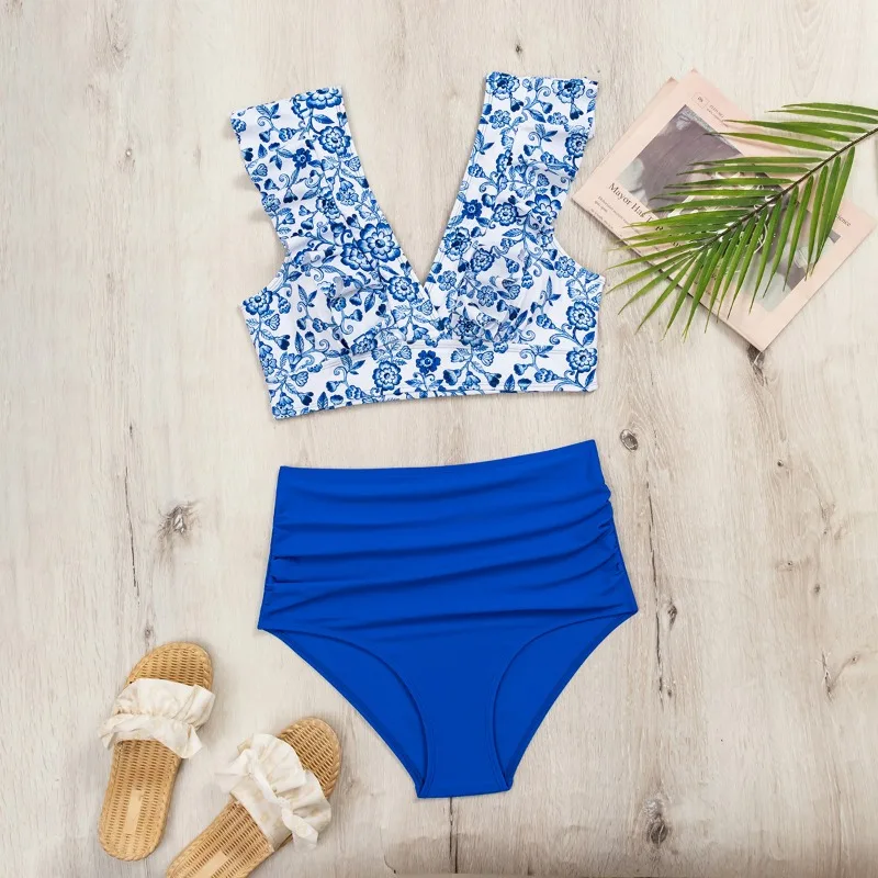 Women's Fashion Printed Lotus Edge Bow High Waist Triangle Split Swimsuit YR072