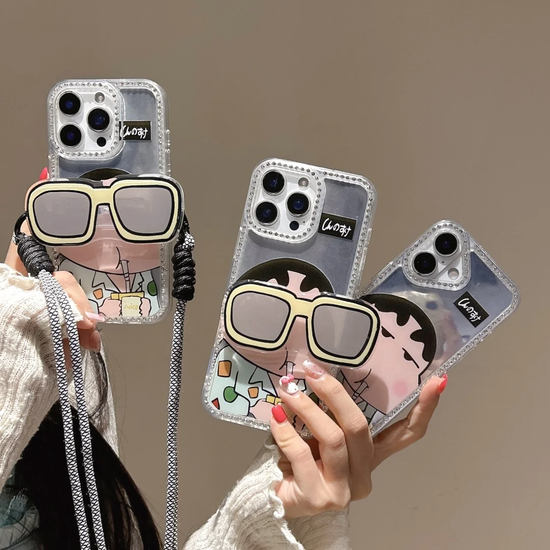 

Shoulder bag Crayon Shinchan Phone Case for iPhone 11 12 13 14 15 16 Pro Max Plus 16PLUS Shin-chan Sunglasses Holder Cover