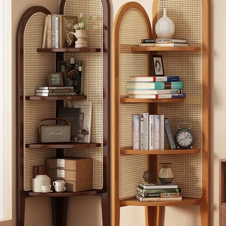Chinese retro rattan corner decoration shelf, living room sofa wall edge book cabinet, bedroom solid wood triple crutch screen