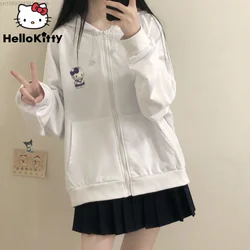 Sanrio Hello Kitty Campus College Style Hoodie Women's Y 2k Cute Anime Print Zipper White Sweatshirt Yk2 Japanese Zip Up Coat