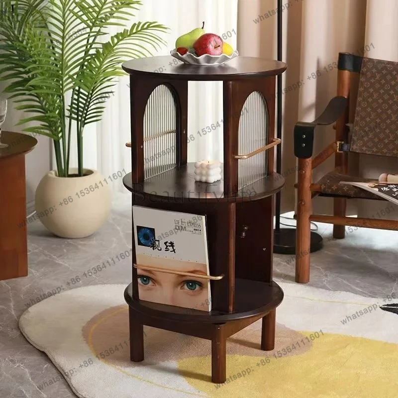 Solid Wood Rotating Bookshelf Elevated Storage Rack Vintage Corner Cabinet Sofa Side Cabinet