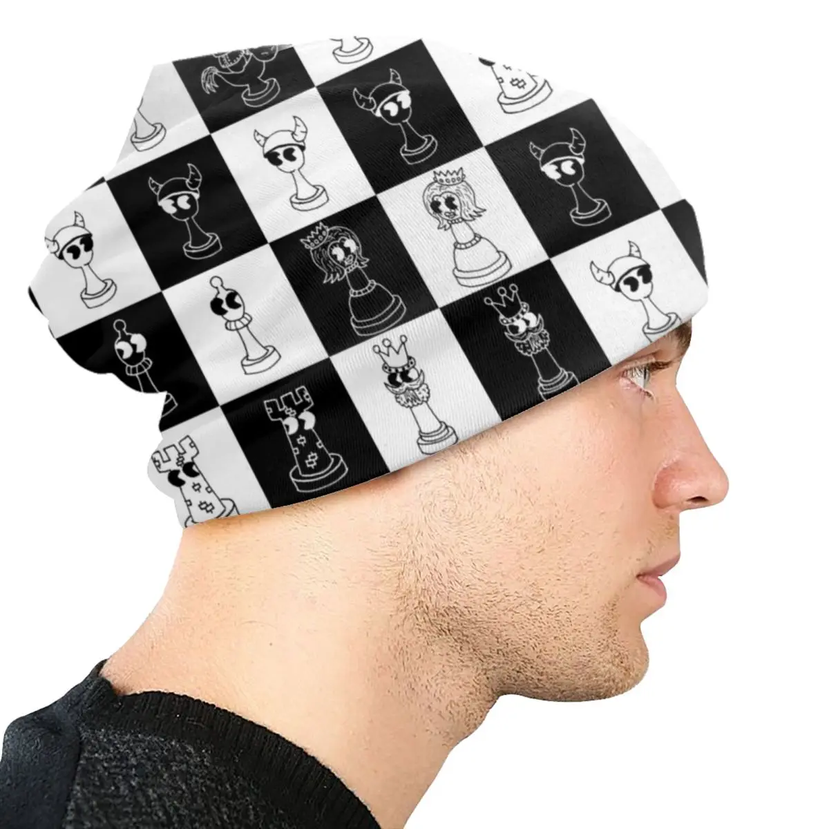 Chess Club Seven Skullies Beanies Caps Hip Hop Winter Warm  Knitting Hat Unisex Adult Chessboard Game Chess Piece Bonnet Hats