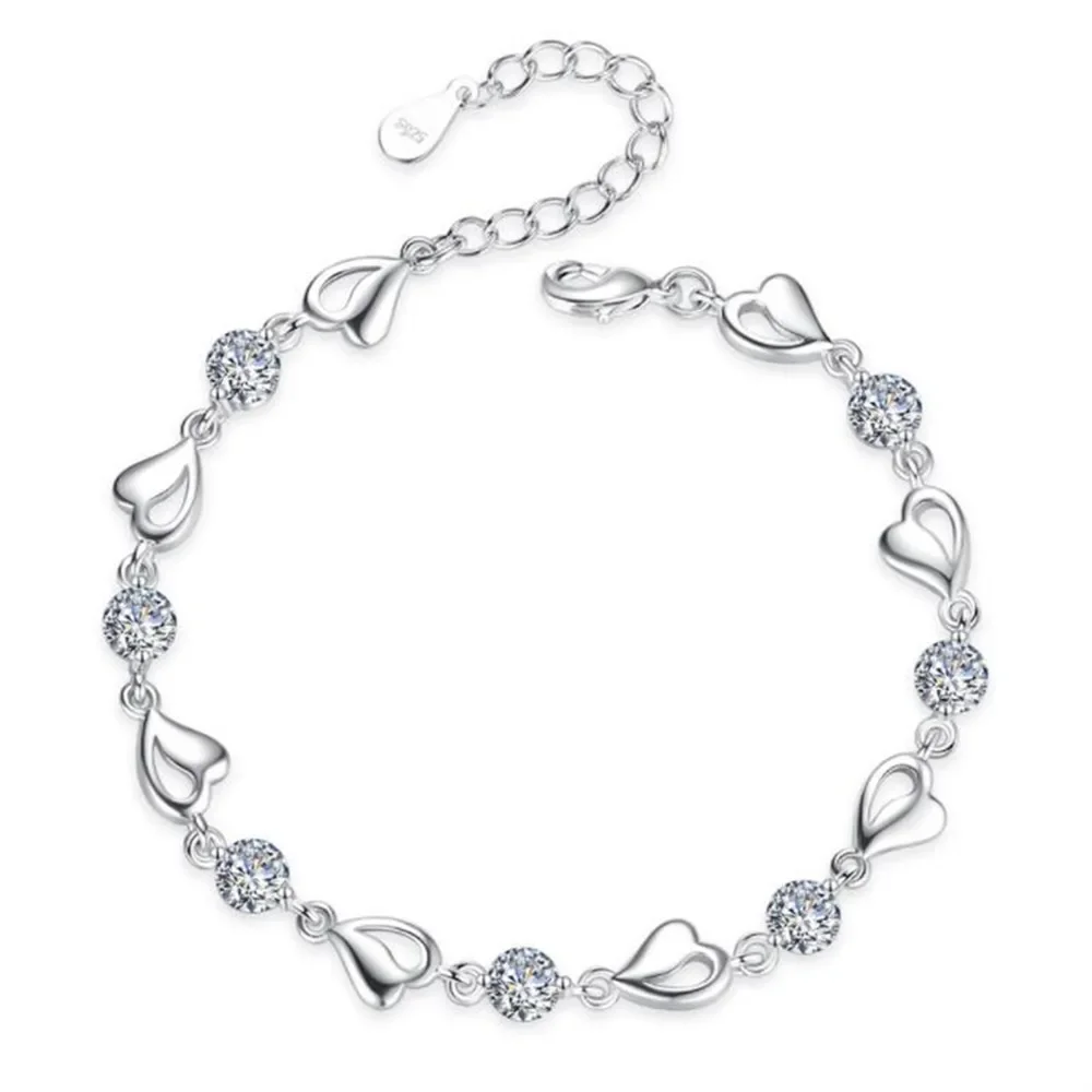Fine 925 Sterling Silver White Purple Elegant Crystal Bracelets For Women Party Wedding Jewelry Accessories Length 17cm+4cm Gift
