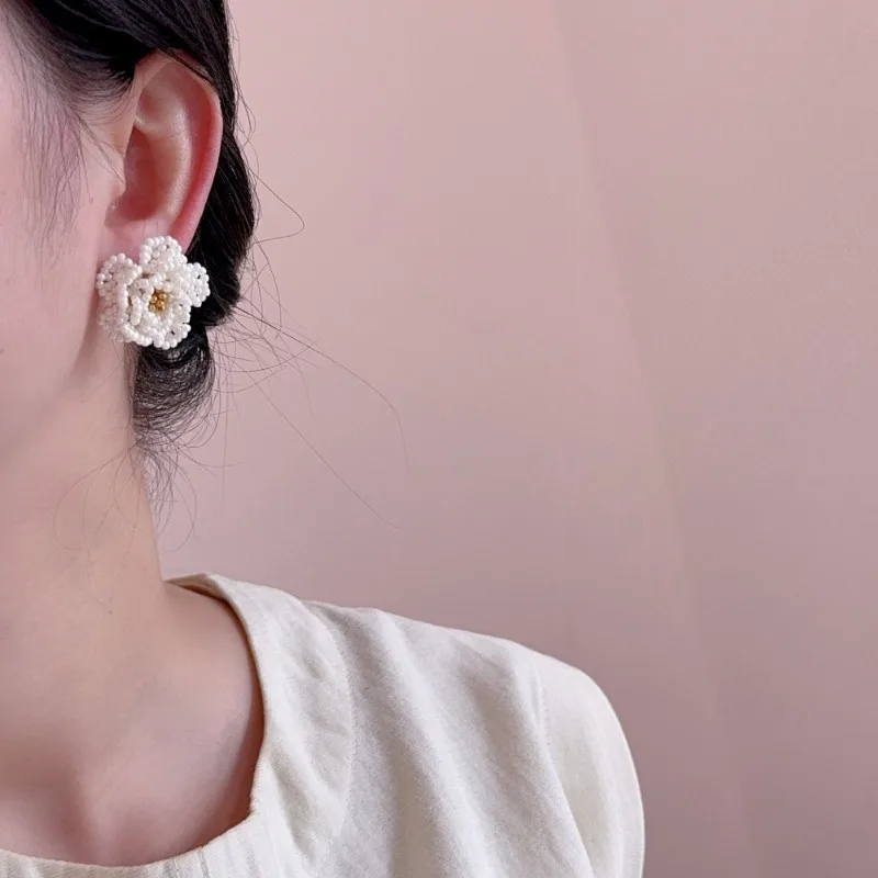 Minar Elegant Simulated Pearl Beads Strand Knitted Flower Camellia Dangle Earrings for Women Real Gold Plated Copper Jewelry