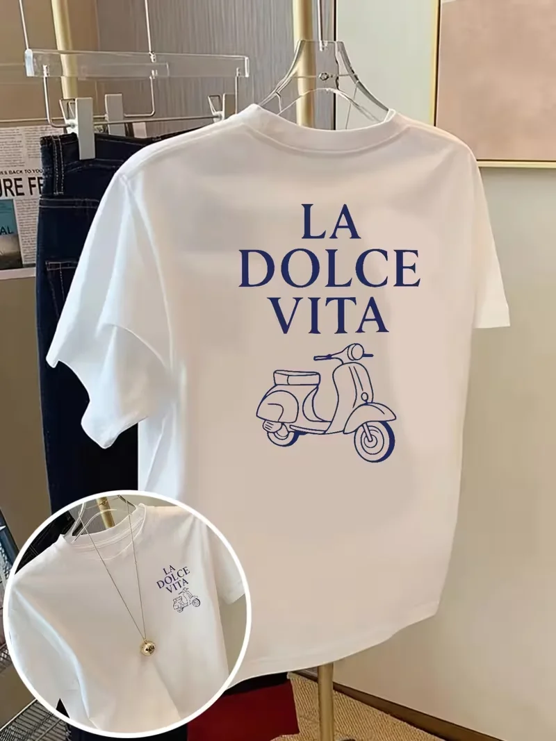 Ciao Bella Rome Scooter Graphic T-Shirt , Front & Back Printed, Casual Loose Crew Neck Short Sleeve, Summer Daily Casual Top