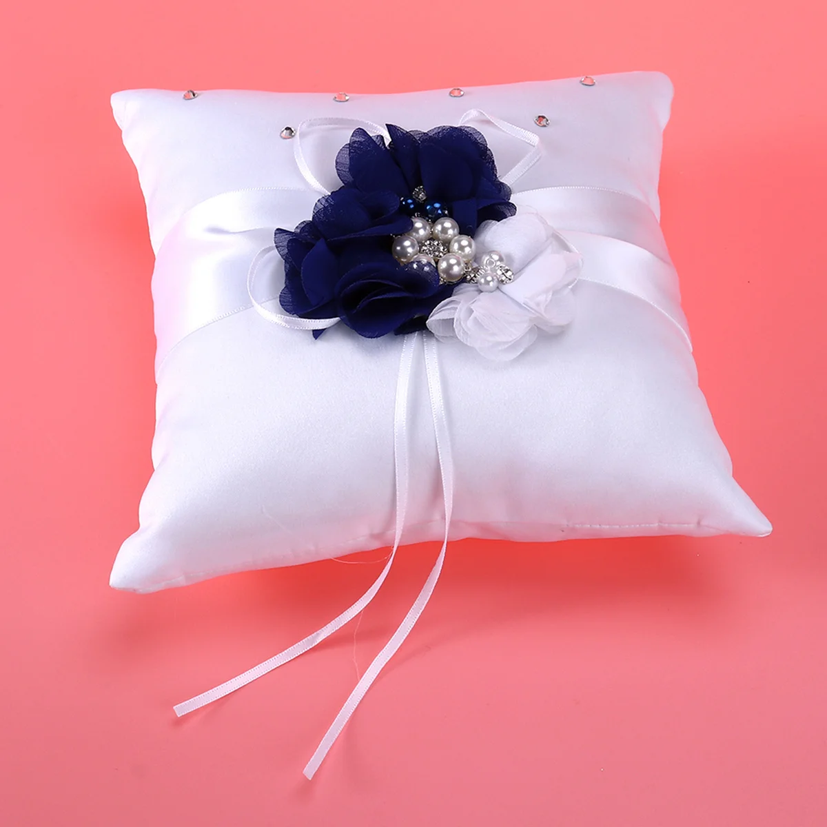 

Wedding Ring Pillow Pearl Flower Ribbon Decorated Back Strap Lightweight Ring Bearer Cushion for Wedding 20x20cm White Pink