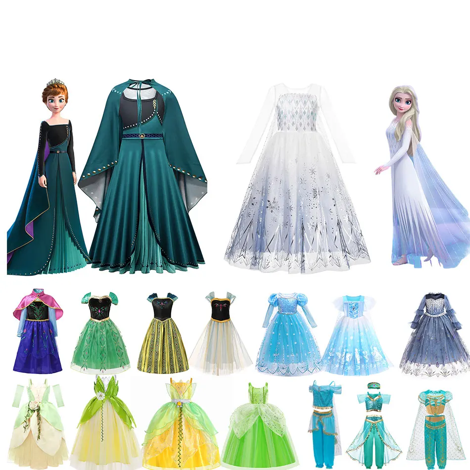 

Disney Princess Elsa Anna Dress Girl Frozen Tiana Jasmine Cosplay Costume Christmas Party Clothing Kid Dress Up Fantasia Vestido