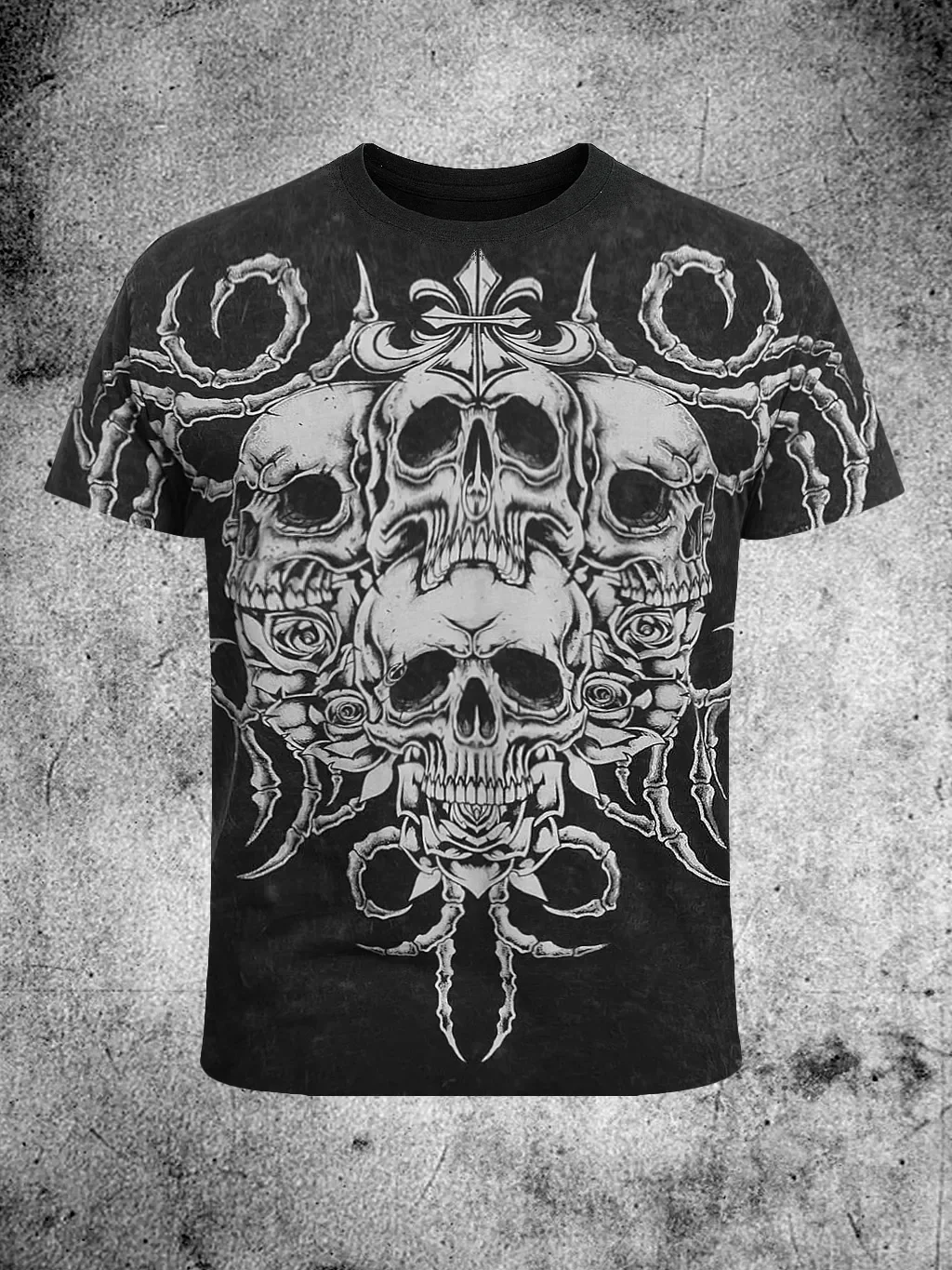 Dark Street Style T-shirt Retro Four Skull Scorpion Rose Cross Heavy Metal Rock T-shirt