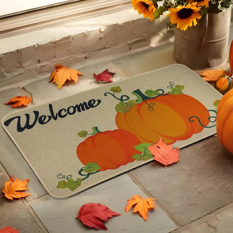 Watercolor Pumpkin Welcome Mat Entrance Floor Mat Autumn Harvest Thanksgiving Non slip Rubber Door Mat