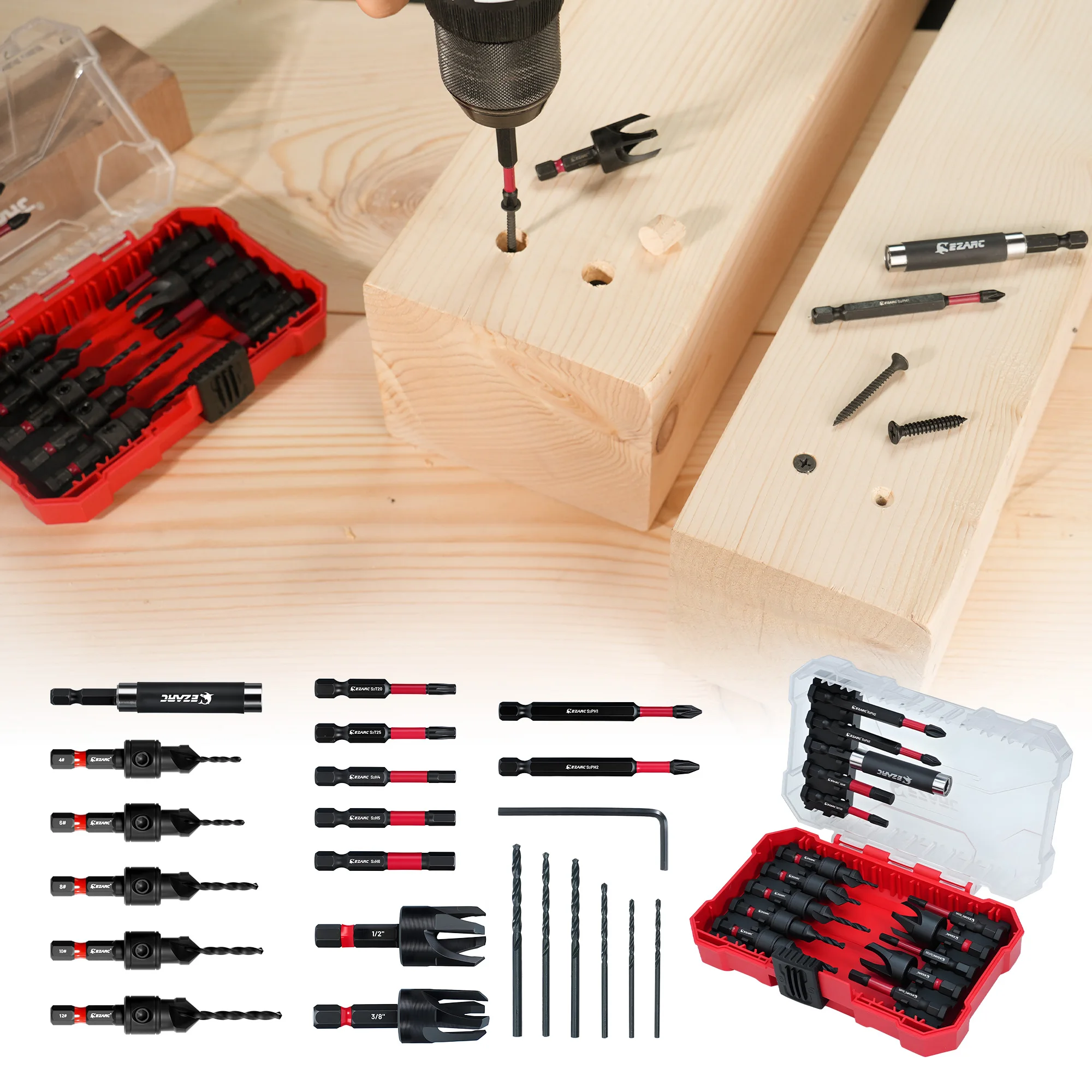 EZARC Countersink Drill Bit Set 22PC - Two-Flute Flat Head Bits #4 #6 #8 #10 #12 Plug Cutter S2 Screwdriver Bits Magnetic Holder