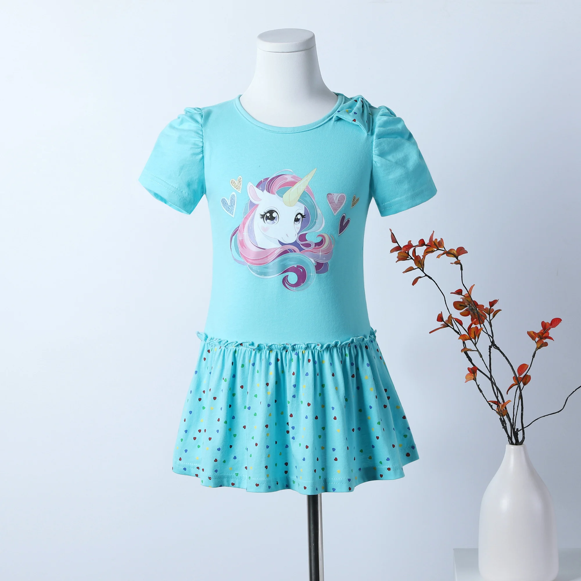 

Girls Short Sleeve Heart Polka Dot Print A Line Dress Thanksgiving Valentine's Day Cartoon Kids Summer Casual Dress SH5309