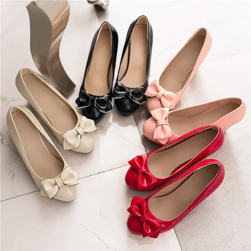 Bowknot Women Platform Pumps 8.5cm High Chunky Heel Black Pink Patent Leather Casual Wedding Party Office Ladies Round Toe Shoes