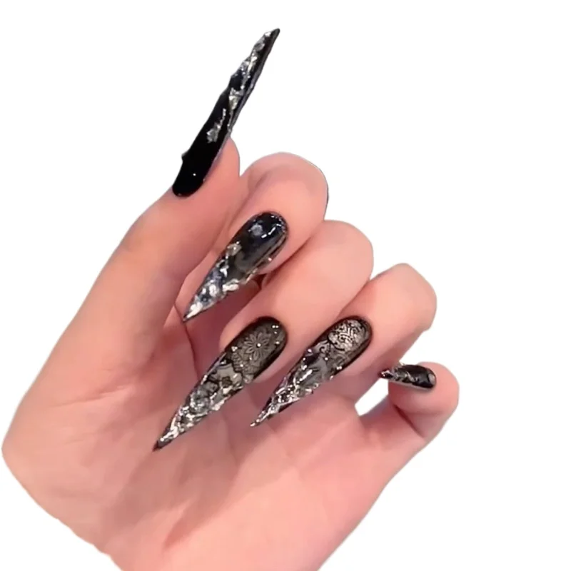 

Black lace wind hand-worn nail art sticker queen fan long almond wearing nail