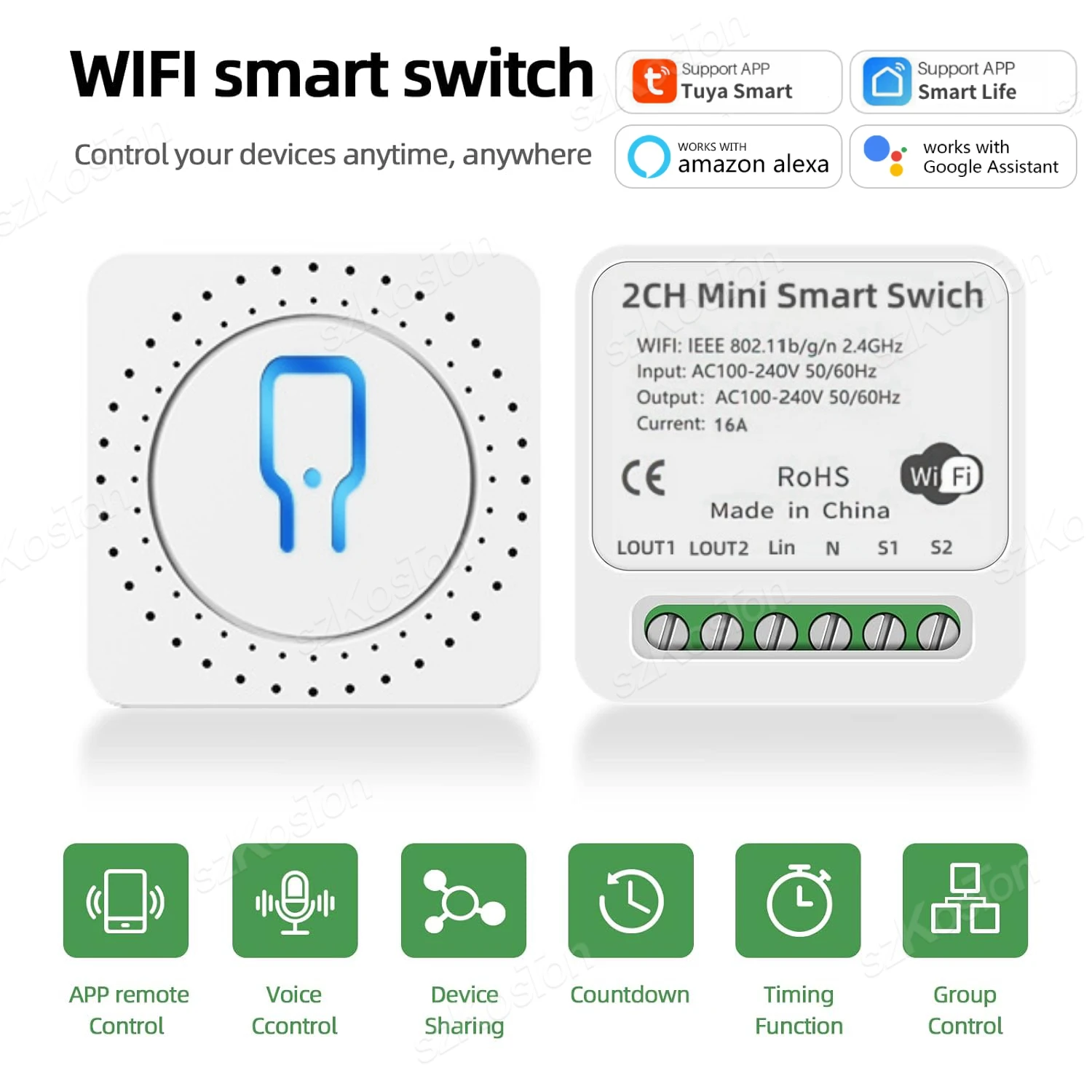 Tuya Smart WiFi 2CH Light Switch Module 16A MiNi DIY Breaker Supports 2 Way Control App Remote Control for Alexa Google Home