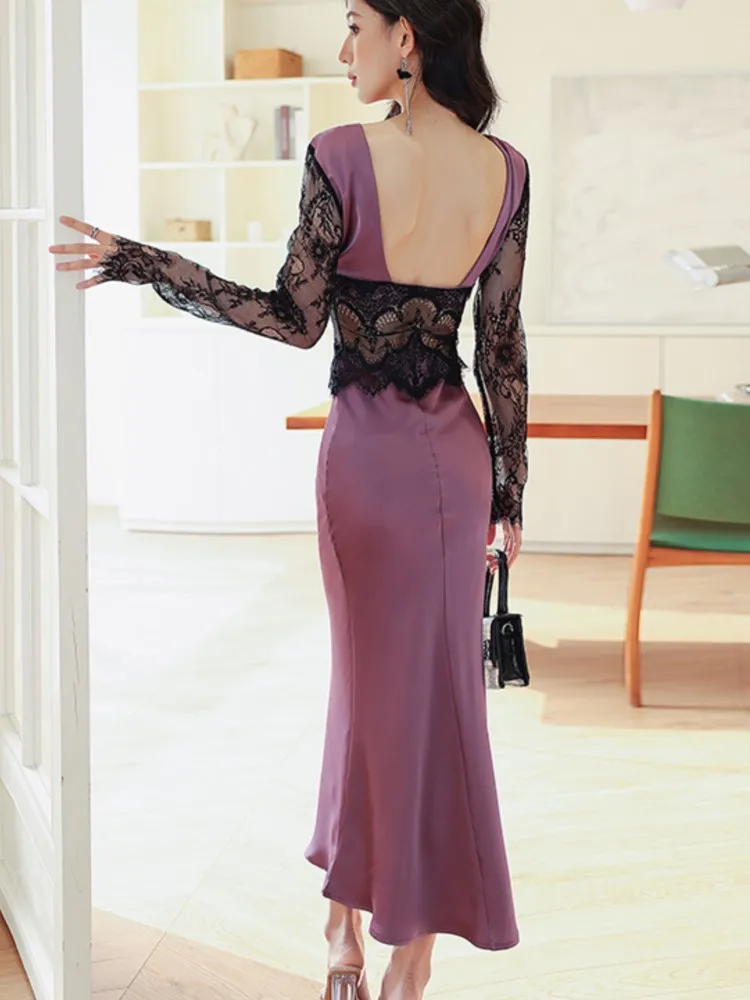 Vestidos de Noche elegantes ceñidos de sirena para mujer, vestido Sexy de encaje satinado con cuello en V de otoño, bata de fiesta de retazos de manga larga elegante, novedad