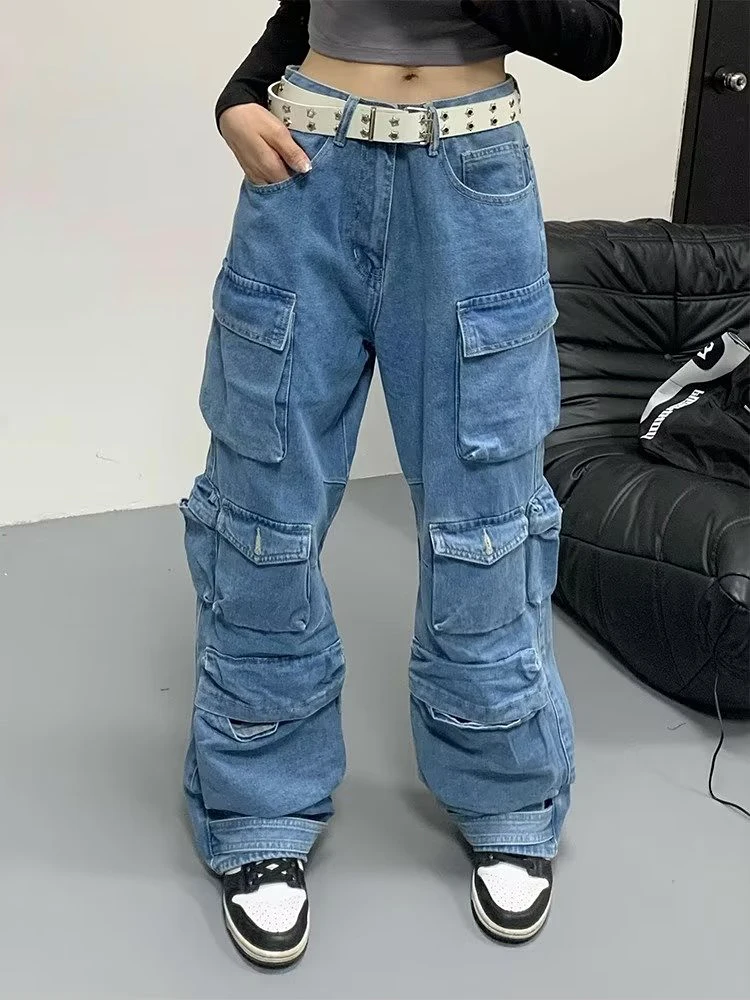 Damen Baggy Wide Leg Jeans Multi-Pocket Design Cargo hose Mode Herbst Harajuku Y2k Streetwear gewaschen Blue Jeans