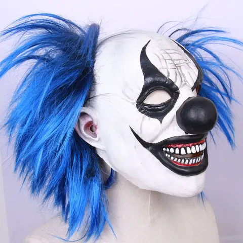 Realistisk latex blått hår leende clownmask Halloween spökhus huvudbonad fest cosplay läskig rekvisita 10 best sales läskig clownmask - №9