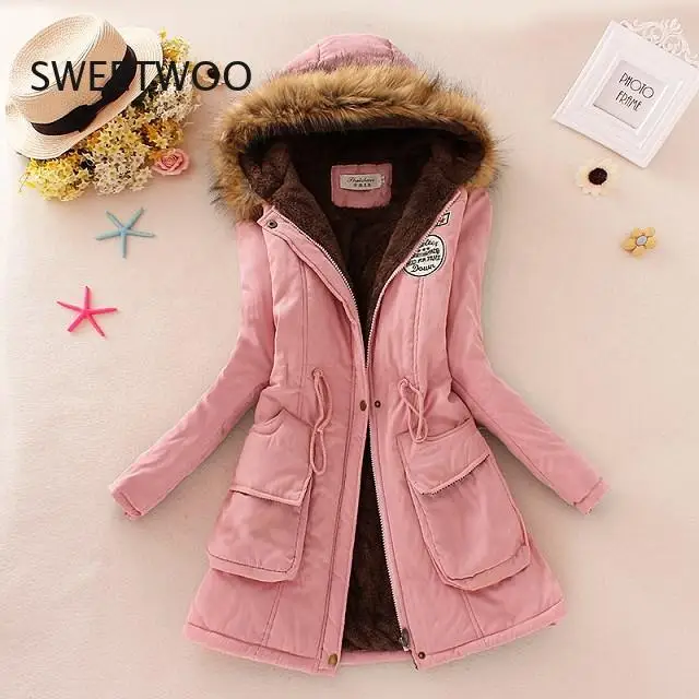 Women's Warm Padded Parka Autumn Winter Hooded Embroidery Slim Tight Waist Velvet Thickened Mid-Length Casual Overcoat