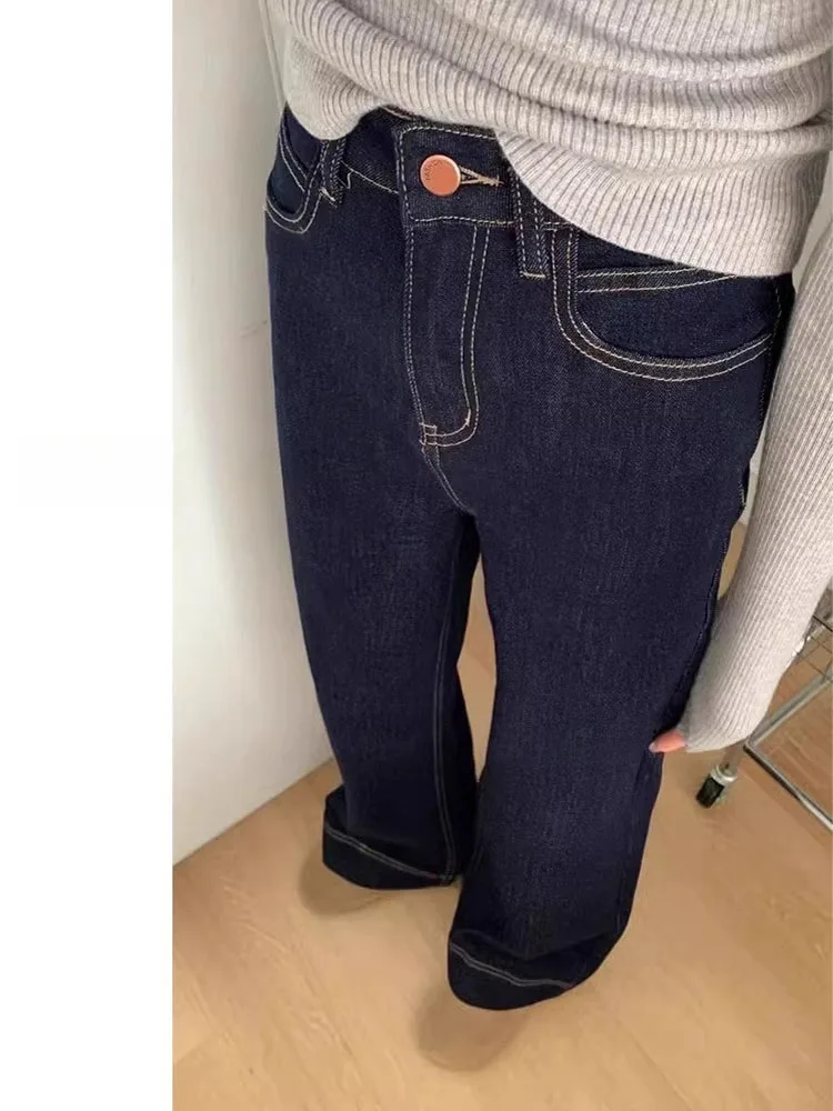 딥 블루 A라인 와이드 레그 진 여성용 루즈 슬림 스트레이트 레그 팬츠 배형 체형용 하이웨이스트 캐주얼 데님