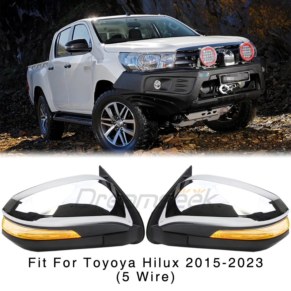 LED Pair Rear View Side Door Wing Mirror Fit For Toyota Hilux Revo 2015 2016-2023 With Turn Signal 5 Wire Exterior Chrome Trim