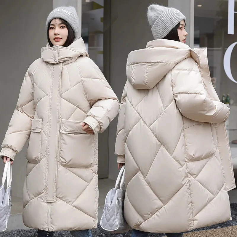 Jaqueta solta de treliça rômbica feminina com capuz, parka longa de inverno, casaco casual feminino reto, novo, 2023