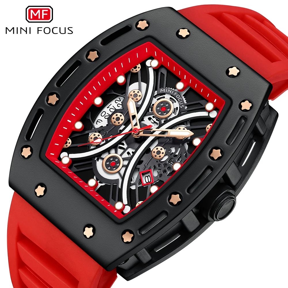 MINI FOCUS Fashion Sports Watches for Men Calendar Window Luminous Hands Red Casual Silicone Strap Waterproof Quartz Mens Watch