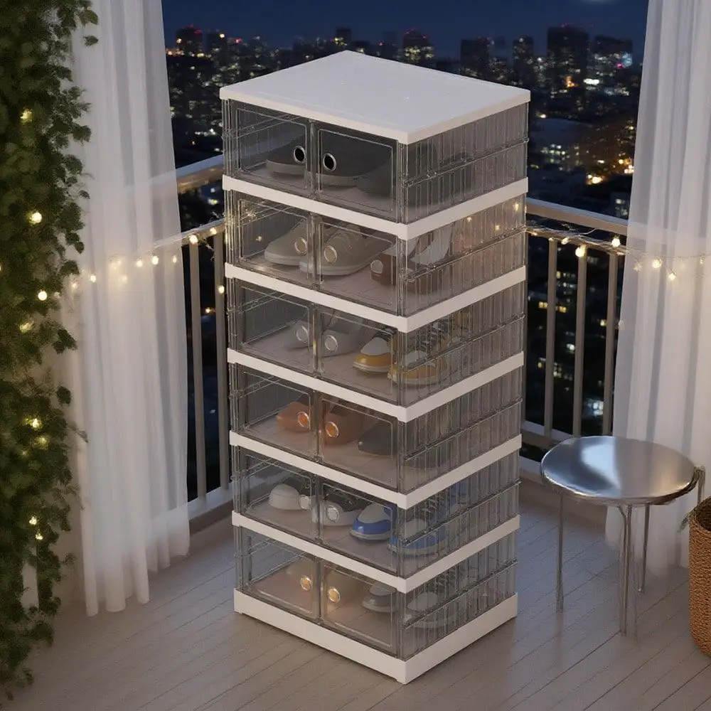 

6 Tier Foldable Shoes Boxes With Transparent Door, Dustproof Integrated Shoes Storage Box, MultiLayer Shoe Cabinet, Collapsible