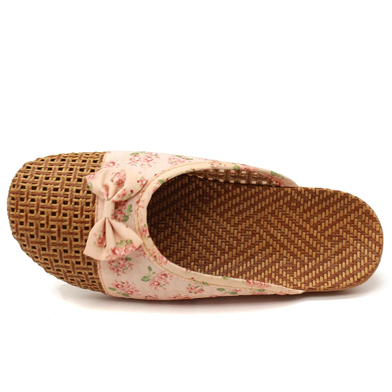 Women Home Slippers Flax Slippers Casual Slides Floral Bow Linen Indoor Slippers Female Summer Sandals Home Shoes Women