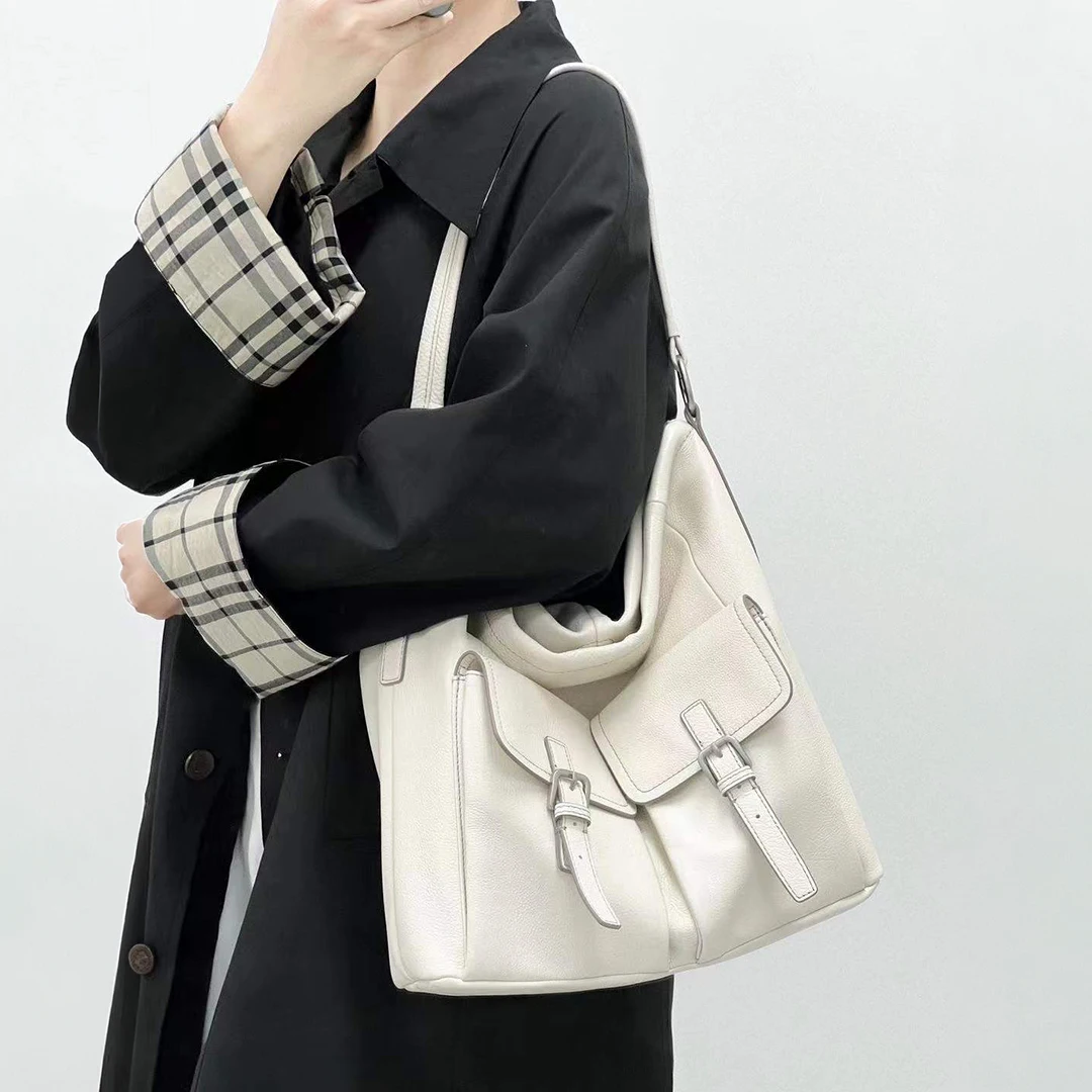 Mendy Genuine Leather Bucket Bag Women Litchi Grain Double Flap Pocket Silver Buckle Contrast Stitching Large Capacity Original