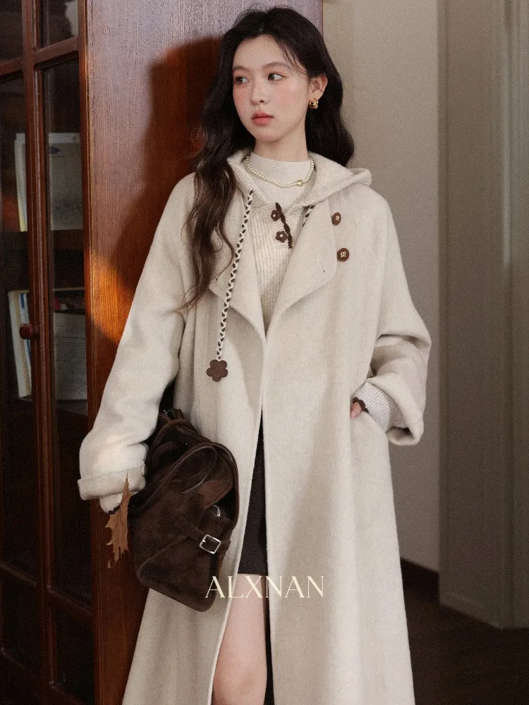 

ALXNAN Wool Coat Women Elegant Winter Long Warm Jacket Outerwear Female Casual Chic Fashion Coats Free Scarf Included L58622