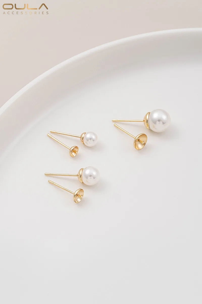 

1pair 14K Gold-plated Half-hole Cup Needle Ear Studs, Pearl Ear Needle Ear Pads, Diy Handmade Earrings Accessories