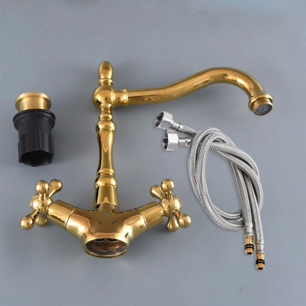 Polished Gold Color Brass Two Handles Kitchen Bathroom Basin Sink Swivel Spout Faucet Hot Cold Mixer Water Tap agf064