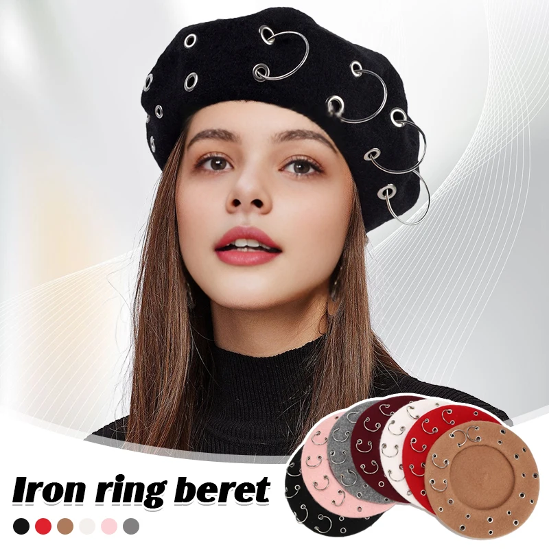 Fashion Autumn Winter Hip Hop Iron Ring Beret Wool Women's Pure Color Retro Octagonal Hat Versatile Painter Cap 2024 New